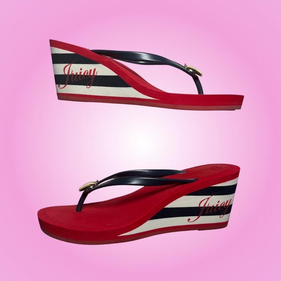 Juicy Couture Women's Red and Black Striped Wedge Sandals - Picture 1 of 6